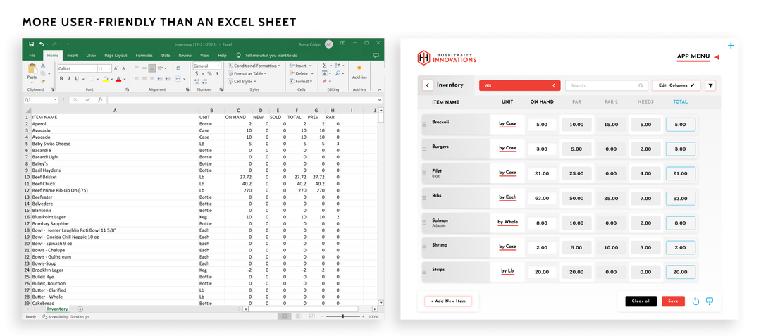Showing our inventory page next to an Excel spreadsheet of someone's inventory. Showing how our app is more user-friendly.