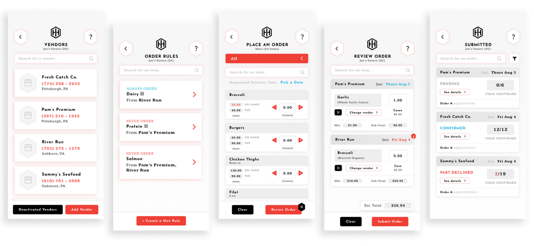 An assortment of other screens throughout the app that use the card layout.