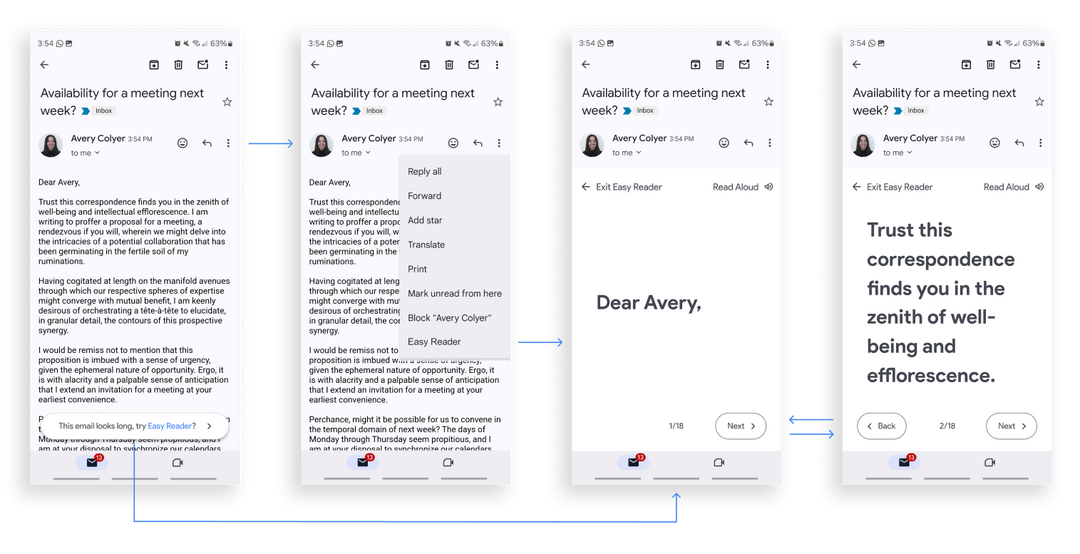 Flowchart of the app recognizing that the email is long, prompting the user to go to Easy Reader, navigating to the Easy Reader, seeing line 1 of the email, then going to the next sentence of the email. The text of the email is broken up into smaller chunks with bigger letters and a taller line height.