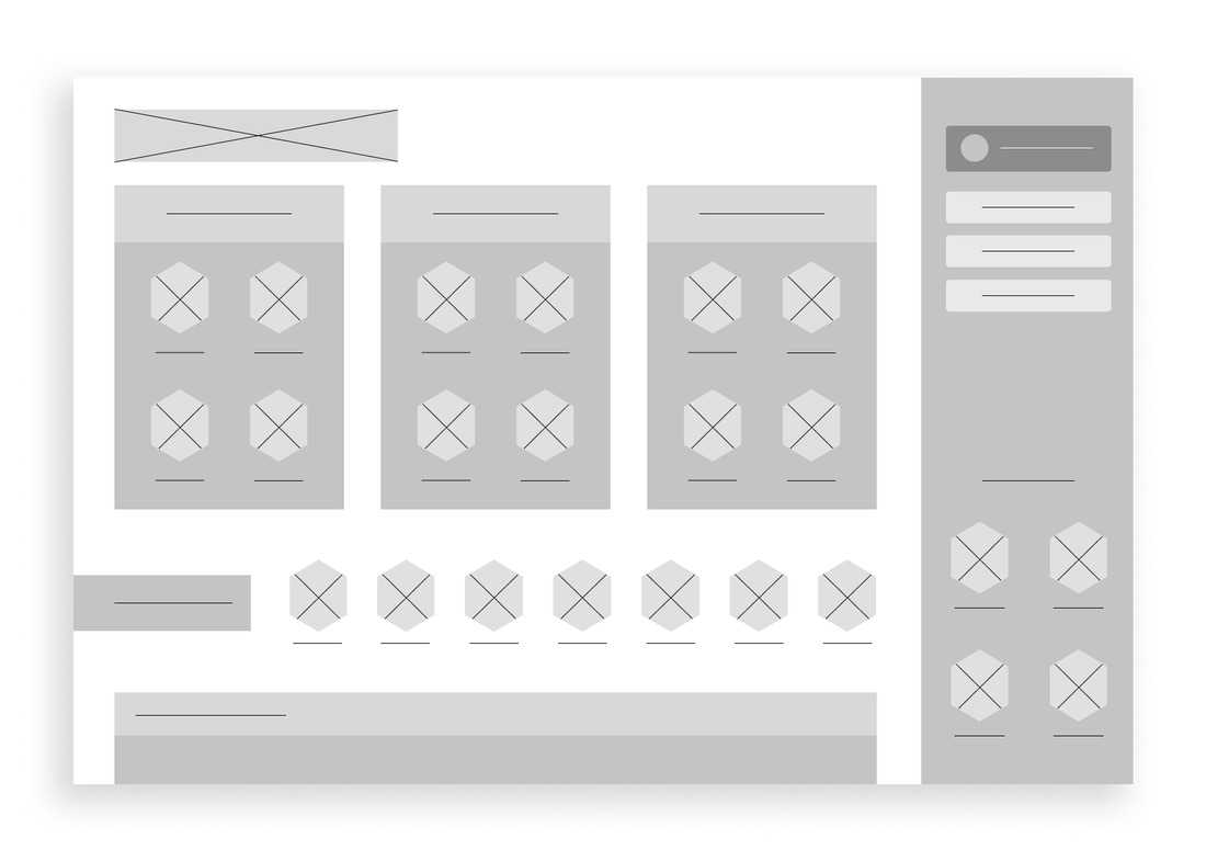 Early wireframe of web app homescreen, very low fidelity.