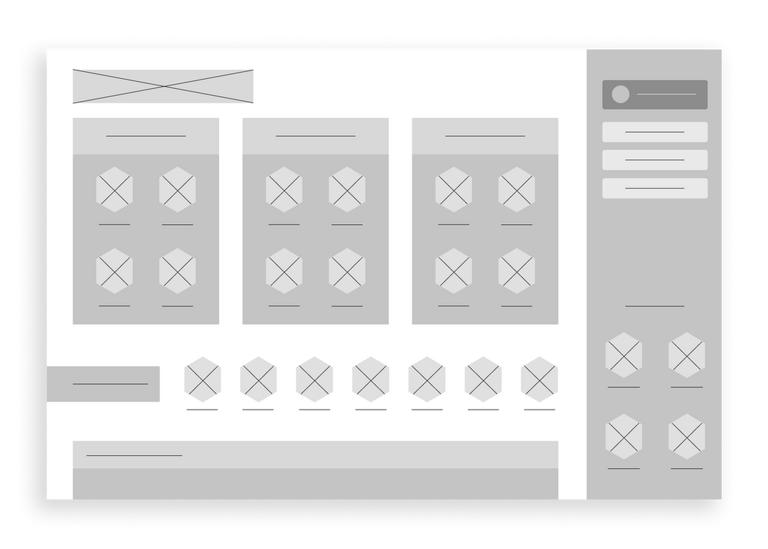 Early wireframe of web app homescreen, very low fidelity.