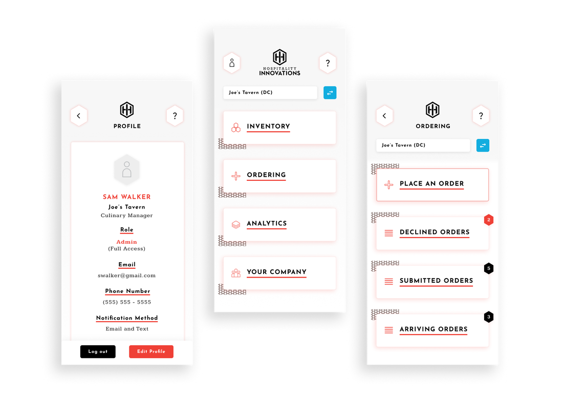 Showing our primary screens of the app, displaying our basic home screens and profiles, showing sparing use of red brand color. It is mostly clean with white and light greys.