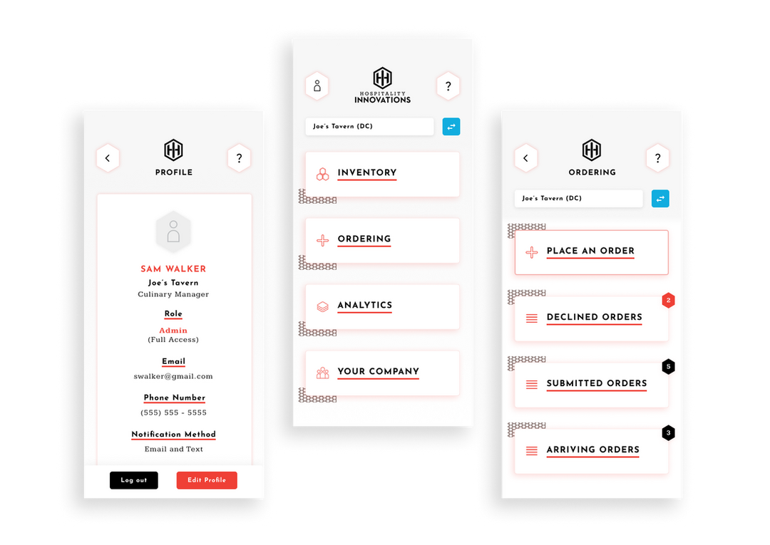 Showing our primary screens of the app, displaying our basic home screens and profiles, showing sparing use of red brand color. It is mostly clean with white and light greys.