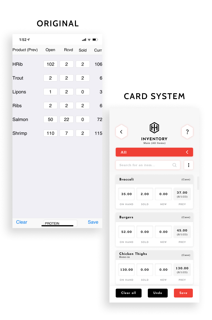 Side-by-side of old bare bones data entry screen with the new inventory screen. It makes use of my card design.