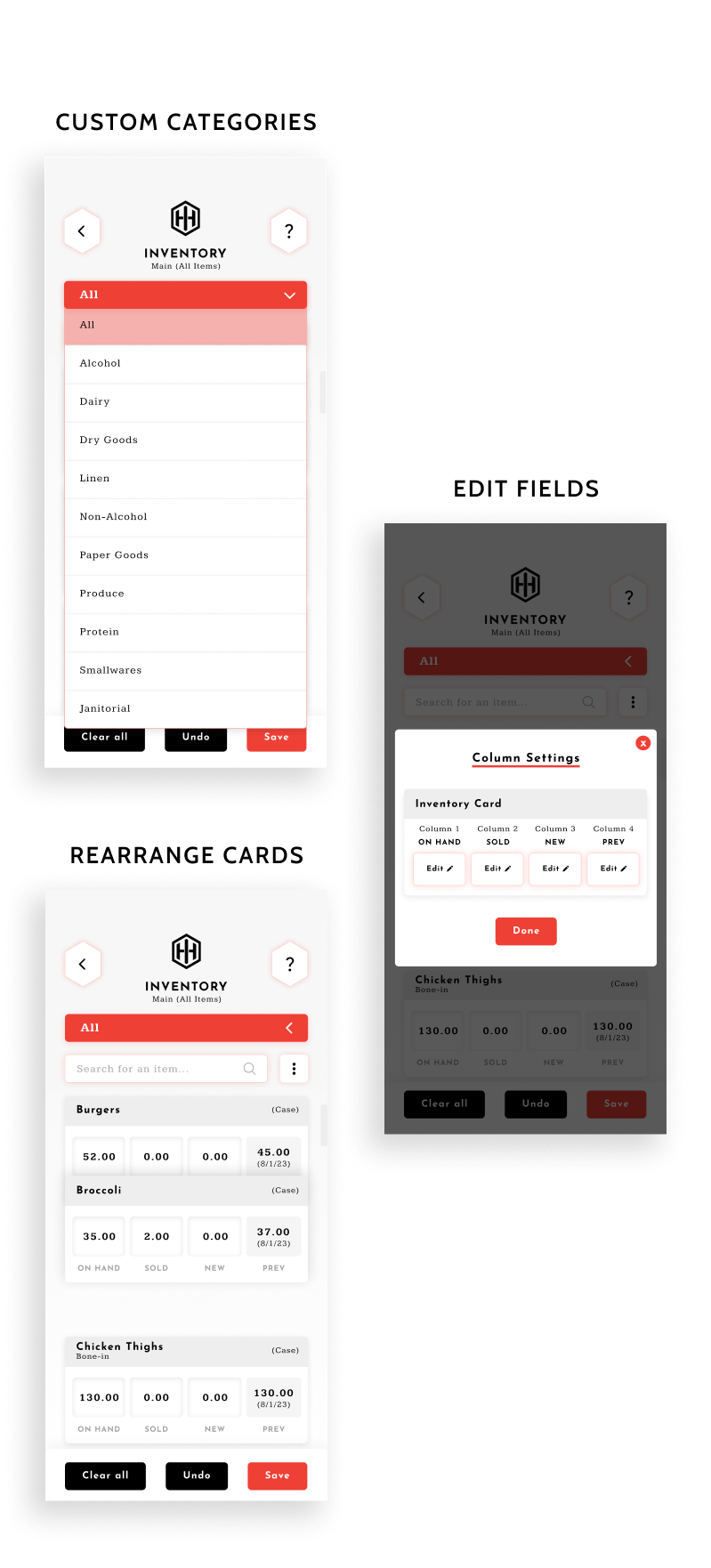 Showing our custom categories, how you can edit your inventory columns that display on the cards, and how you rearrange cards for a custom order.