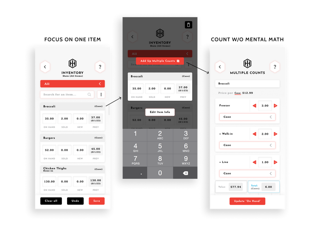 Showing how you can click onto a card, it pops up in its own view, and then you can select from more options. You can choose to add up multiple counts and total many counts together, to prevent mental math and switching to a calculator.