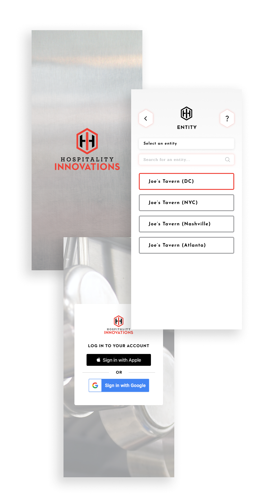 Our loading, log in, and select entity screens showing our stainless steel branding.