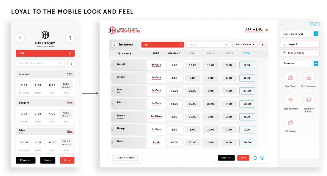 Showing the mobile inventory screen and the web inventory screen to display how it is still loyal to the original look and feel.