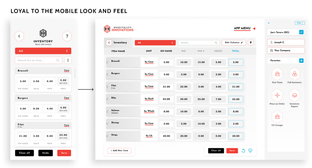 Showing the mobile inventory screen and the web inventory screen to display how it is still loyal to the original look and feel.
