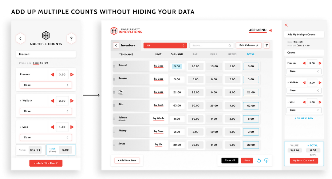 Adding up multiple counts is better on web, because you can see your inventory concurrently. On mobile, you add them up on a new screen.