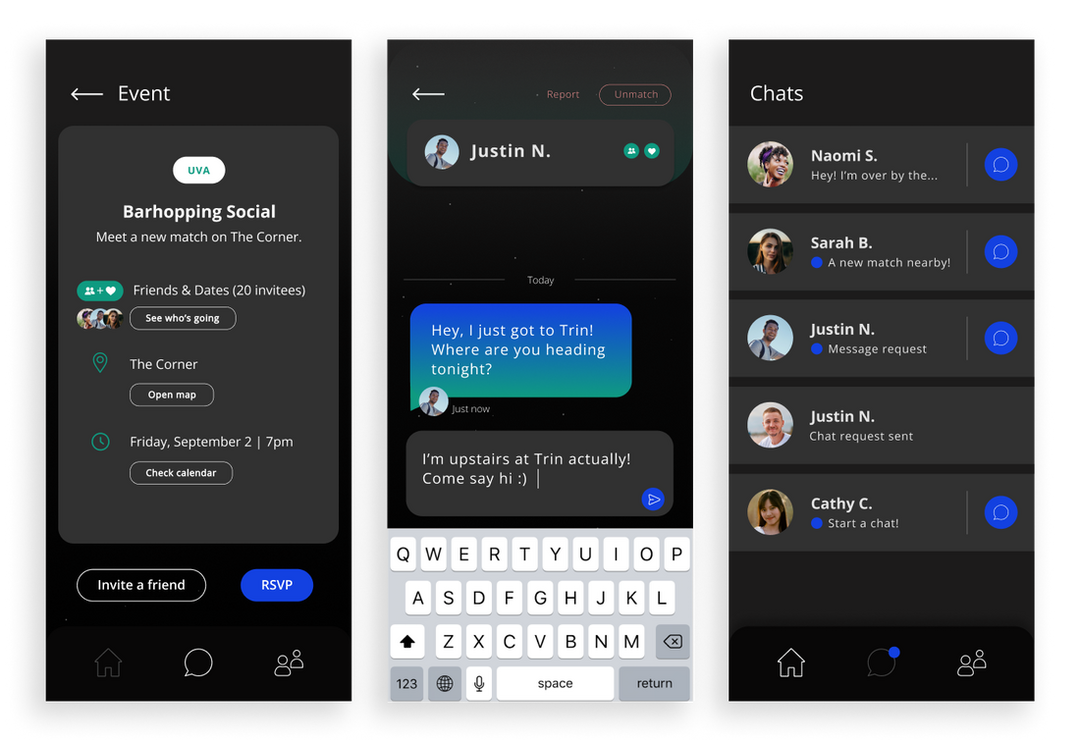 Screens showing an example event you could be invited to, an example chat of someone finding their connection in real life, and a list of chats that a user might see.