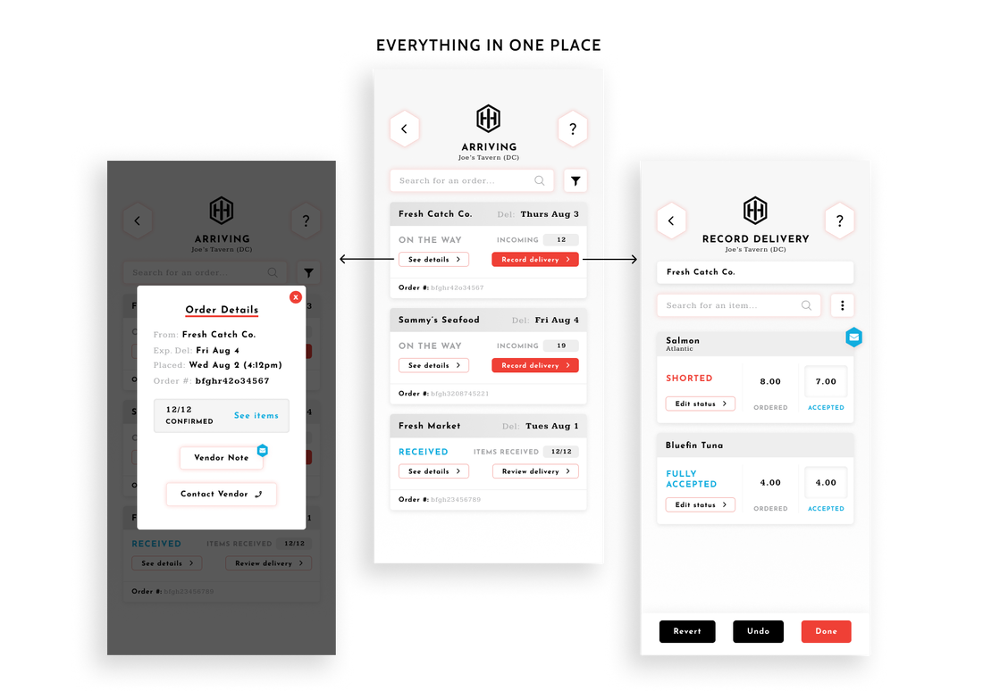 Showing our list of existing orders that have been placed, showing how you can see the order details and record the delivery that arrived, from one order card.