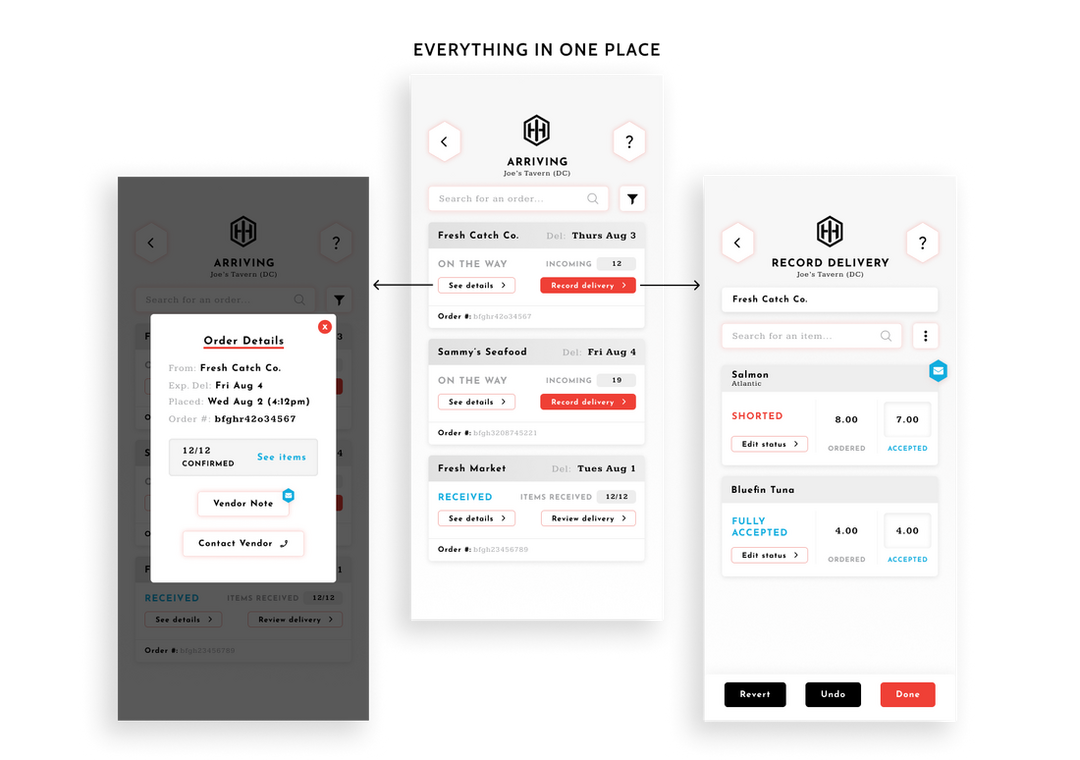 Showing our list of existing orders that have been placed, showing how you can see the order details and record the delivery that arrived, from one order card.