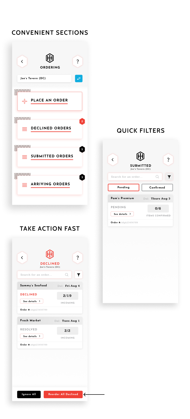 Showing how orders are broken down into sections, there are quick filters to toggle between order statuses, and you can take action on those orders quickly via the bottom bar.